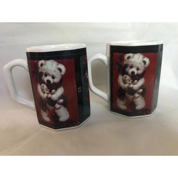 Vintage Giftco Tartan Christmas Teddy Bear Octagon Coffee Cup/Mug Set of 2 - Picture 8 of 8